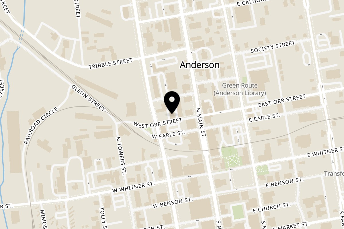 Map showing the location of McGee's Scot-Irish Pub on 116 W Orr St in Anderson